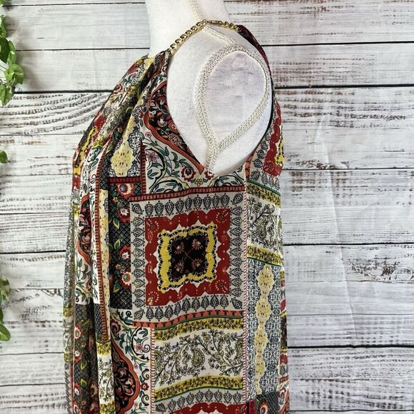 Tahari Dress size Small Orange Blue Gold Floral Paisley Boho Sheer Trapeze Boho - Picture 16 of 16